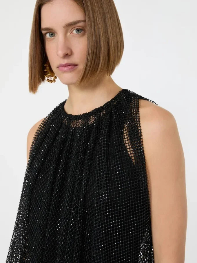 Ärmelloses Jerseykleid mit Kristallen, schwarz