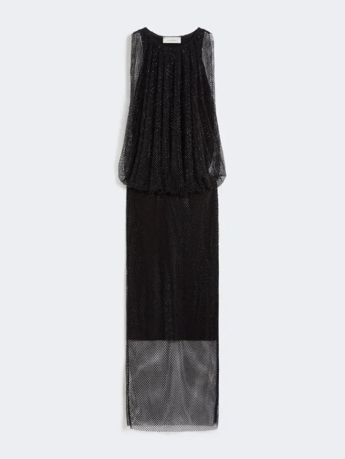Ärmelloses Jerseykleid mit Kristallen, schwarz