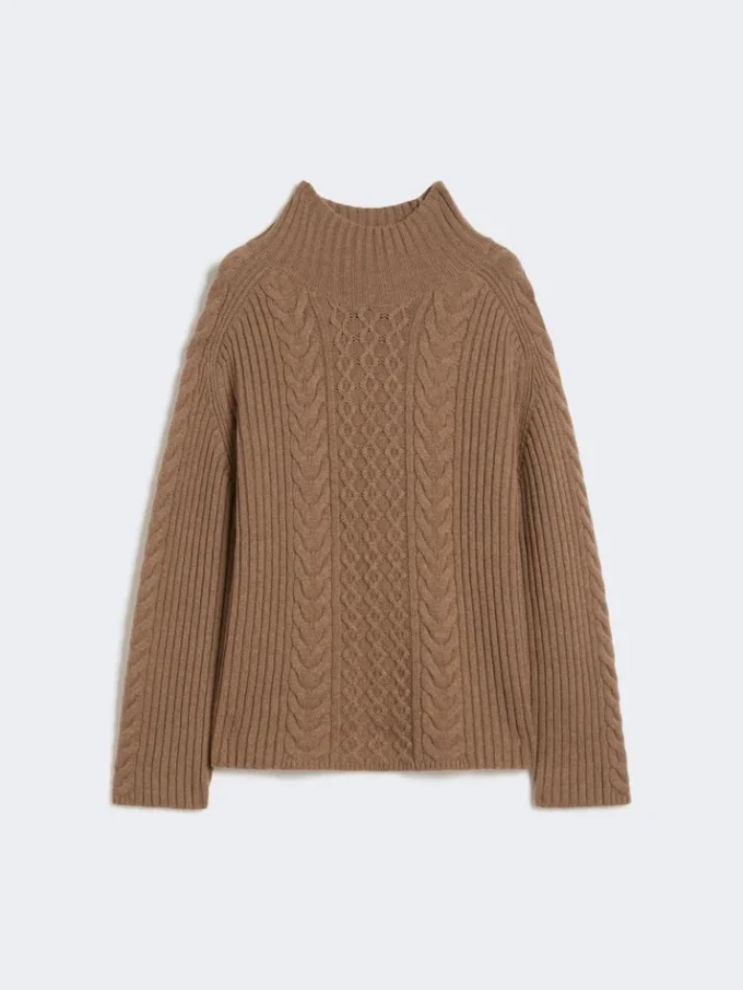 Rollkragenpullover aus Wolle und Kaschmir mit Zopfmuster, schlammfarben Rollkragenpullover aus Wolle und Kaschmir mit Zopfmuster, schlammfarben
