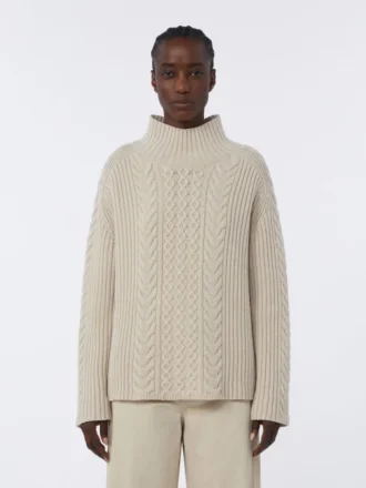 Rollkragenpullover aus Wolle und Kaschmir mit Zopfmuster, weiß Rollkragenpullover aus Wolle und Kaschmir mit Zopfmuster, weiß