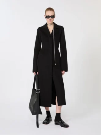 Schmal geschnittener langer Wollmantel, schwarz