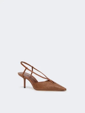 Slingbacks aus Canvas in Raffia-Optik, bernsteinbraun