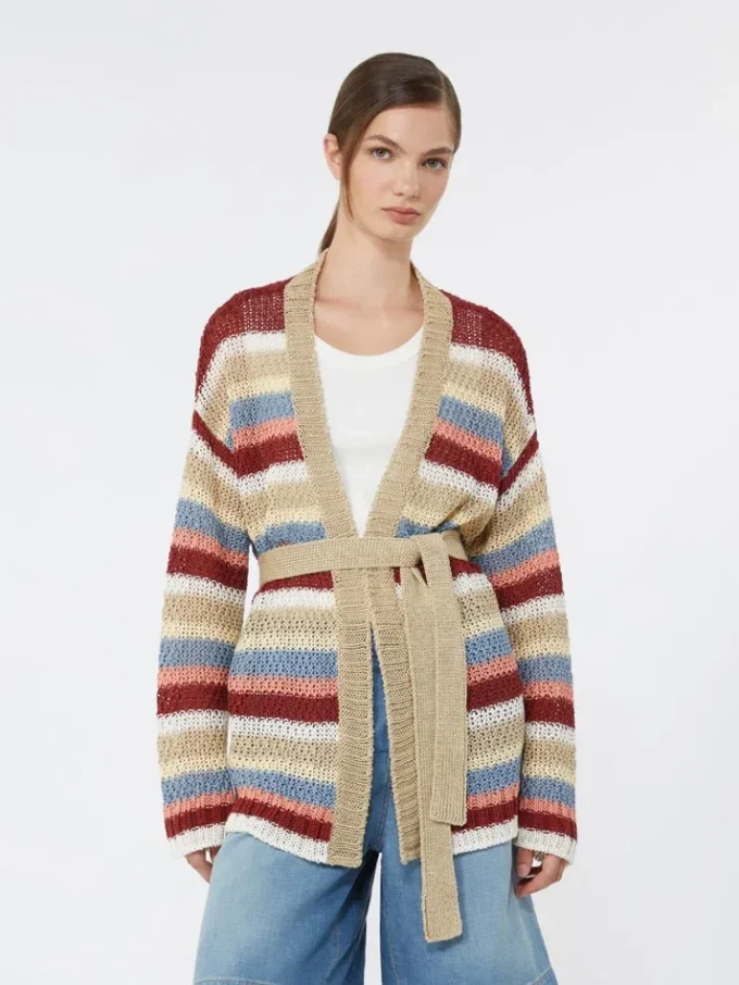Strickjacke aus Leinen mit Gürtel, kirschrot Strickjacke aus Leinen mit Gürtel, kirschrot