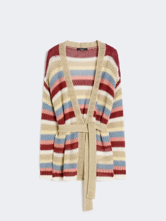 Strickjacke aus Leinen mit Gürtel, kirschrot Strickjacke aus Leinen mit Gürtel, kirschrot