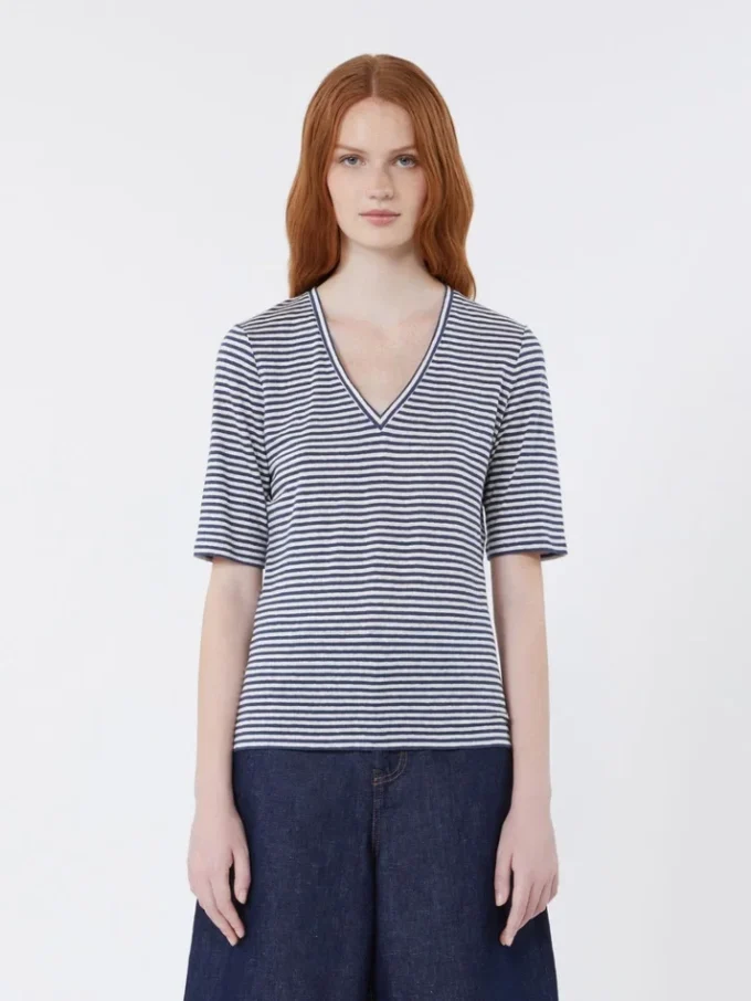 T-Shirt aus Stretch-Leinenjersey mit V-Ausschnitt, ultramarinblau T-Shirt aus Stretch-Leinenjersey mit V-Ausschnitt, ultramarinblau