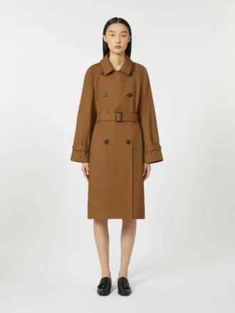 Wasserabweisender Zweireiher-Trenchcoat aus Twill, tabakfarben Wasserabweisender Zweireiher-Trenchcoat aus Twill, tabakfarben