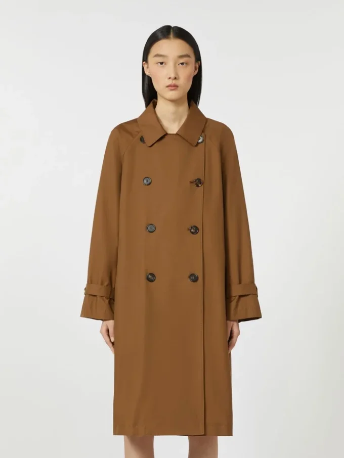Wasserabweisender Zweireiher-Trenchcoat aus Twill, tabakfarben