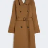 Wasserabweisender Zweireiher-Trenchcoat aus Twill, tabakfarben
