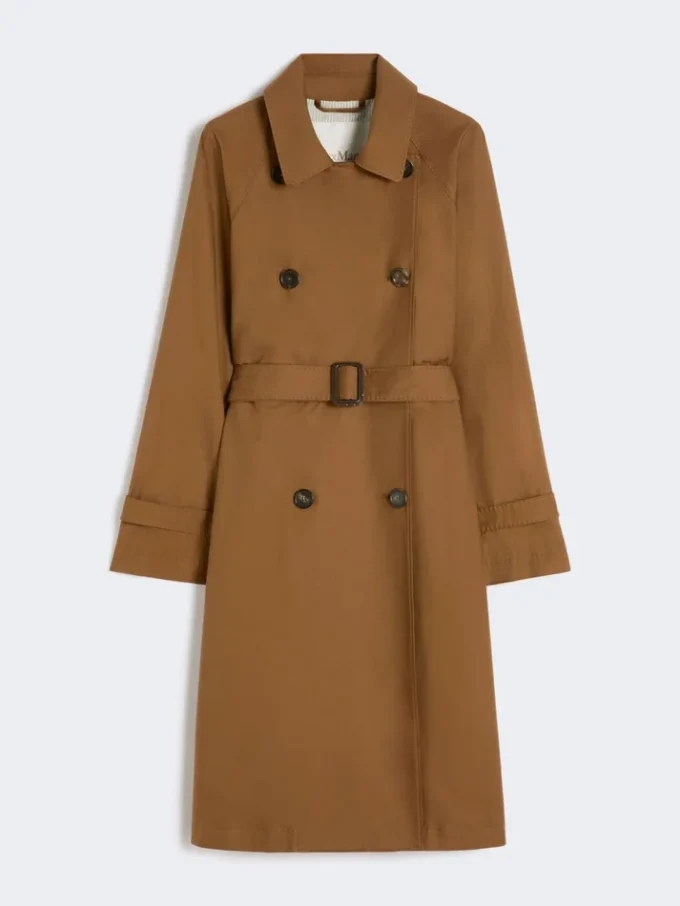 Wasserabweisender Zweireiher-Trenchcoat aus Twill, tabakfarben