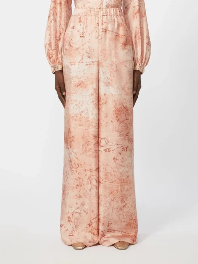 Weit geschnittene bedruckte Seidenhose, rosa Weit geschnittene bedruckte Seidenhose, rosa