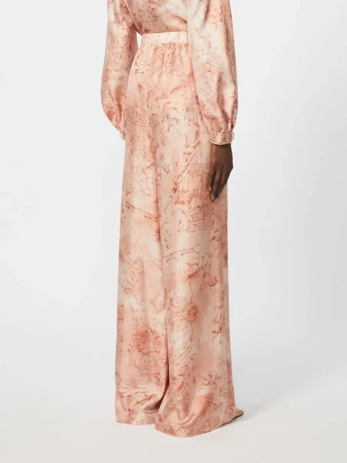 Weit geschnittene bedruckte Seidenhose, rosa Weit geschnittene bedruckte Seidenhose, rosa