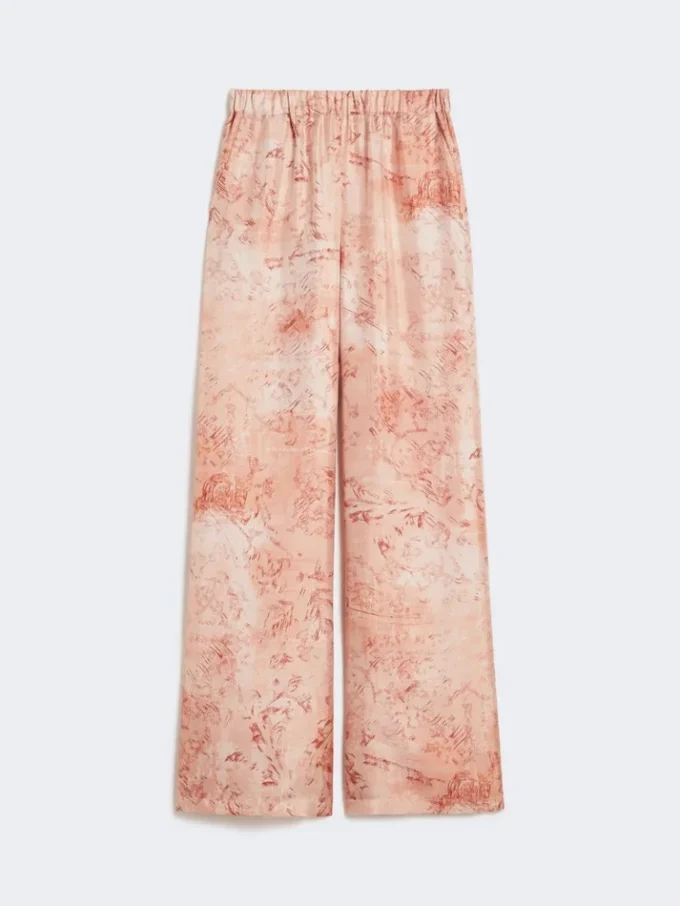 Weit geschnittene bedruckte Seidenhose, rosa Weit geschnittene bedruckte Seidenhose, rosa