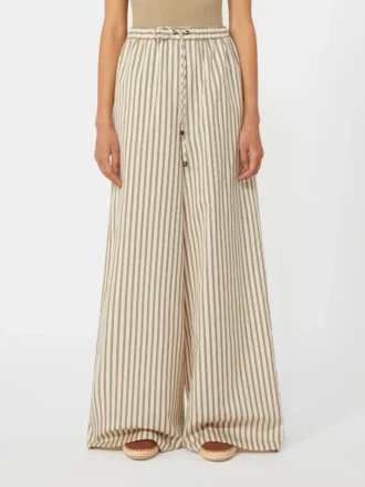 Weit geschnittene Hose aus gestreiftem Baumwoll- und Seiden-Canvas, beige