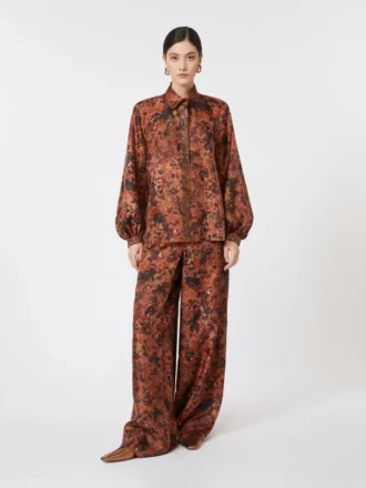 Weit geschnittene Seidenhose mit Print, Terrakotta