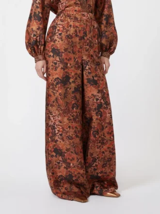 Weit geschnittene Seidenhose mit Print, Terrakotta