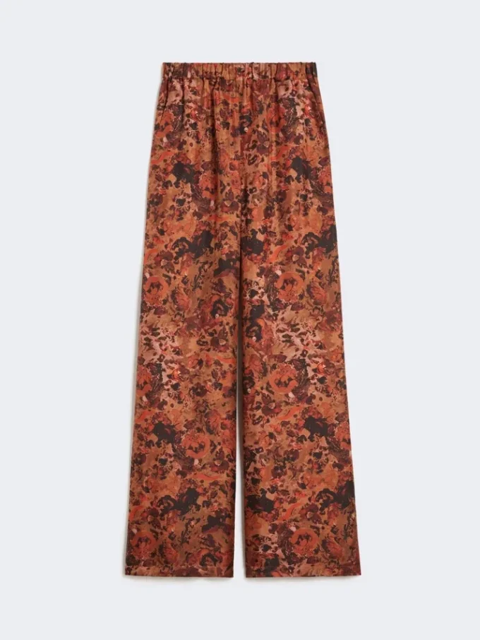 Weit geschnittene Seidenhose mit Print, Terrakotta