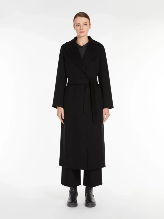 Wollmantel mit Drapierung, schwarz Wollmantel mit Drapierung, schwarz