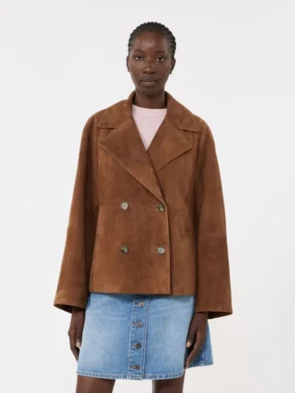 Zweireihige Wildlederjacke, tabakfarben