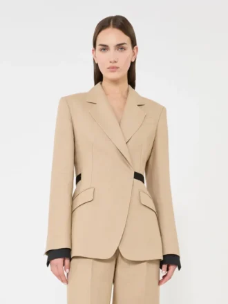 Zweireihiger Blazer aus reinem Natta-Leinen, kamelfarben