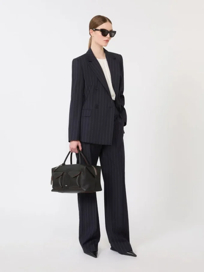 Zweireihiger Nadelstreifen-Blazer aus Wolle, marineblau Zweireihiger Nadelstreifen-Blazer aus Wolle, marineblau