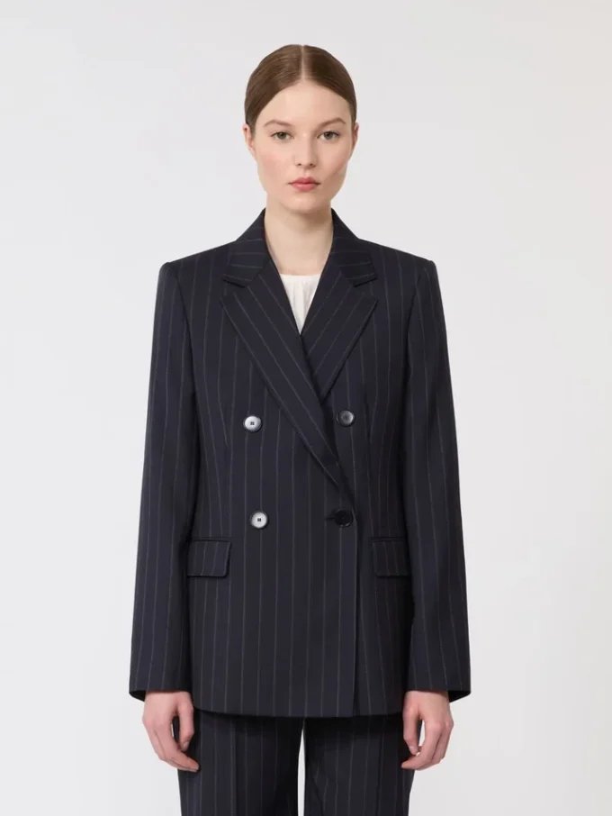 Zweireihiger Nadelstreifen-Blazer aus Wolle, marineblau Zweireihiger Nadelstreifen-Blazer aus Wolle, marineblau
