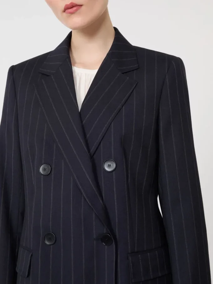 Zweireihiger Nadelstreifen-Blazer aus Wolle, marineblau Zweireihiger Nadelstreifen-Blazer aus Wolle, marineblau