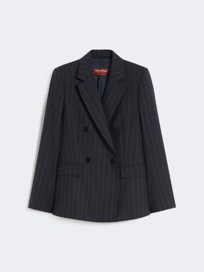 Zweireihiger Nadelstreifen-Blazer aus Wolle, marineblau Zweireihiger Nadelstreifen-Blazer aus Wolle, marineblau
